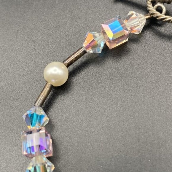 Vtg  Bracelet Sterling Silver Crystal Clear AB Pink Cube Bicone Faux Pearl  7" - Picture 3 of 8